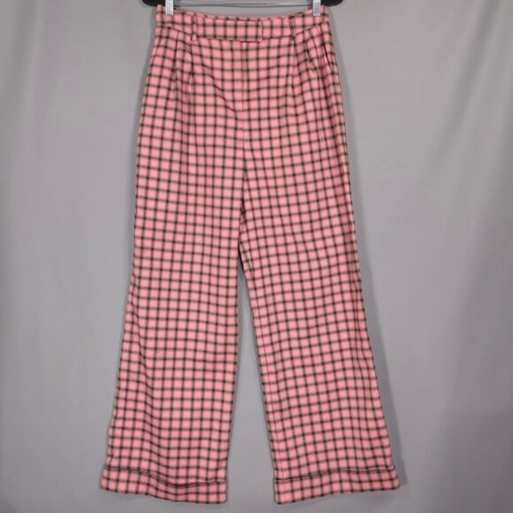 Anthropologie FRNCH Palmer Pink Plaid Wide Leg Trouser MEDIUM Pants